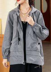 Casual Loose Grey Pockets Patchwork Cotton Hooded Coat Fall