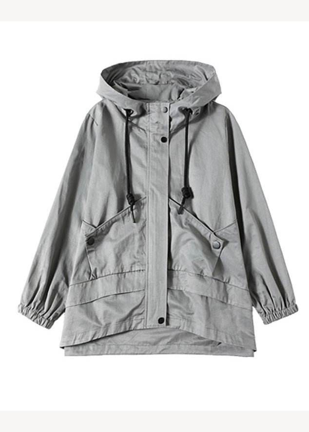 Casual Loose Grey Pockets Patchwork Cotton Hooded Coat Fall
