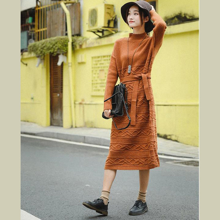 Casual Loose Orange Sweater DrawstringDresses Women Winter Clothes