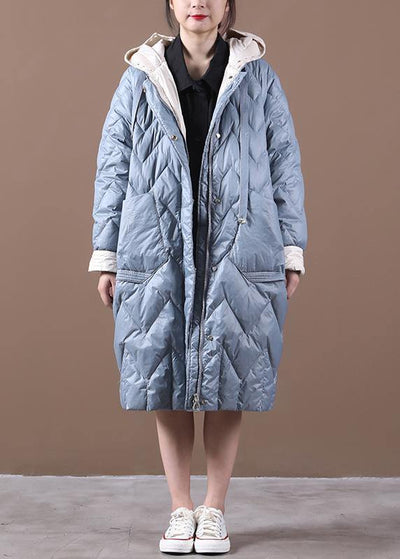 Casual Loose fitting down jacket overcoat light blue hooded zippered duck down coat - SooLinen