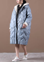 Casual Loose fitting down jacket overcoat light blue hooded zippered duck down coat - SooLinen