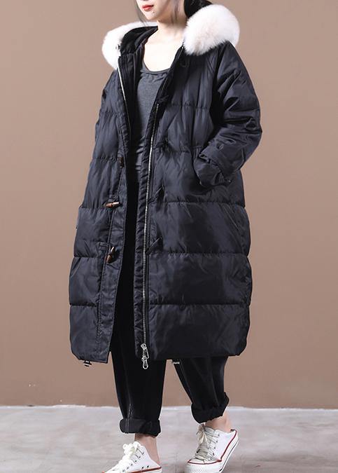 Casual Loose fitting snow jackets pockets overcoat black hooded fur collar warm winter coat - SooLinen
