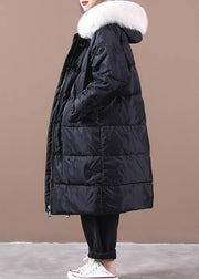 Casual Loose fitting snow jackets pockets overcoat black hooded fur collar warm winter coat - SooLinen
