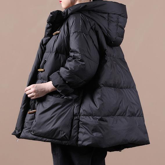Casual Loose Fitting Womens Parka Overcoat Black Hooded Pockets Cotton Coat - SooLinen