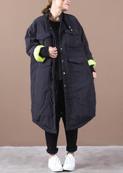 Casual Loose fitting womens parka pockets black stand collar asymmetric warm coat - SooLinen