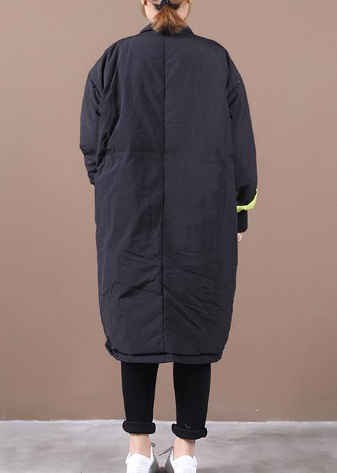 Casual Loose fitting womens parka pockets black stand collar asymmetric warm coat - SooLinen