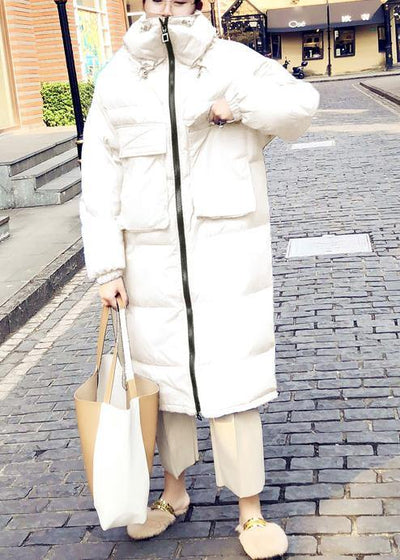 Casual Loose fitting womens parka winter outwear white stand collar Cinched duck down coat - SooLinen