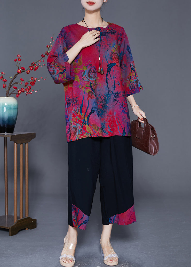 Casual Mulberry Oversized Patchwork Print Cotton Two Pieces Set Summer