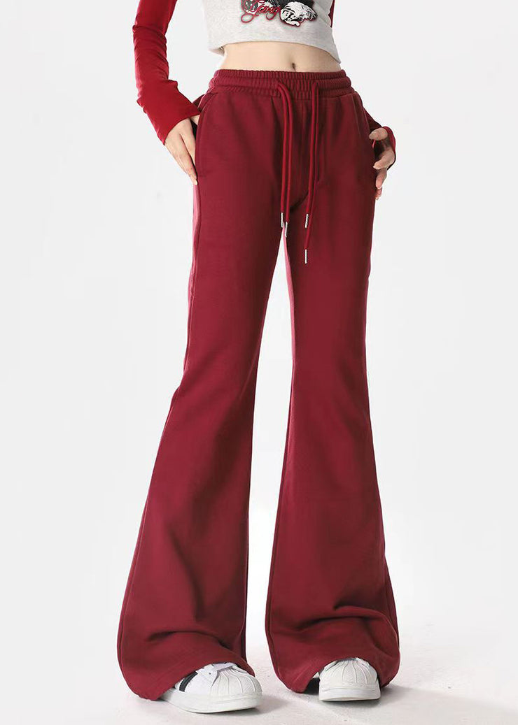 Casual Mulberry Pockets Drawstring Cotton Flared Trousers Spring