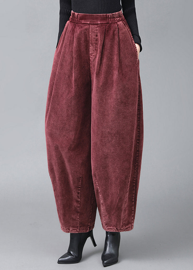 Casual Mulberry Wrinkled Pockets Corduroy Lantern Pants Fall