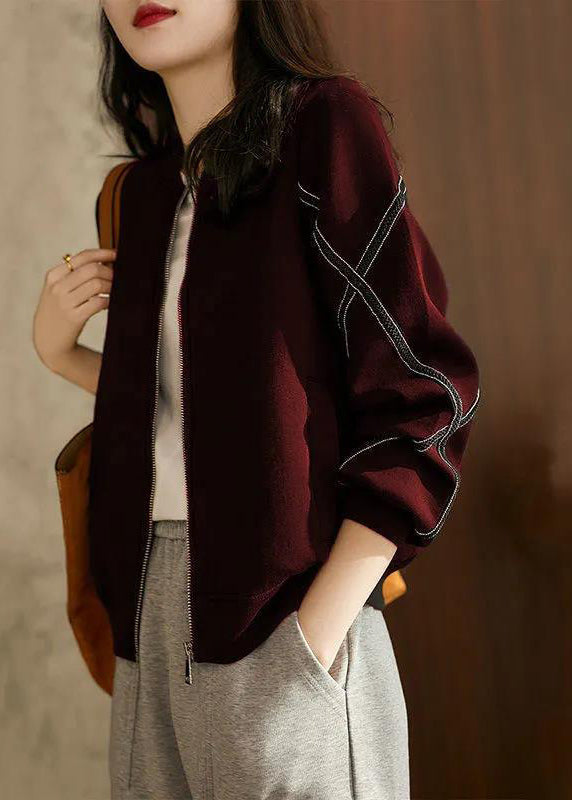 Casual Mulberry Zip Up Patchwork Cotton Jacket Fall