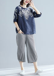 Casual Navy Blue Embroidered Top And Harem Pants Two Pieces Set Short Sleeve