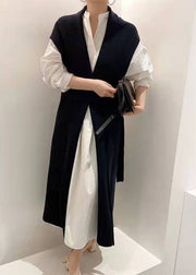 Casual Navy Cinched Two Pieces Set Knit Vest shirts dress Spring