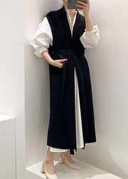 Casual Navy Cinched Two Pieces Set Knit Vest shirts dress Spring