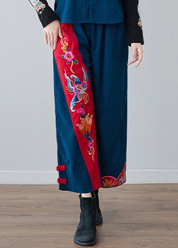 Casual Navy Embroidered Floral Pockets Elastic Waist Crop Pants Fall