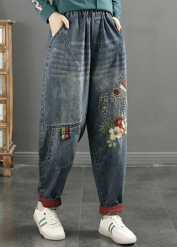 Casual Navy Embroidered Patchwork Denim Pants Spring