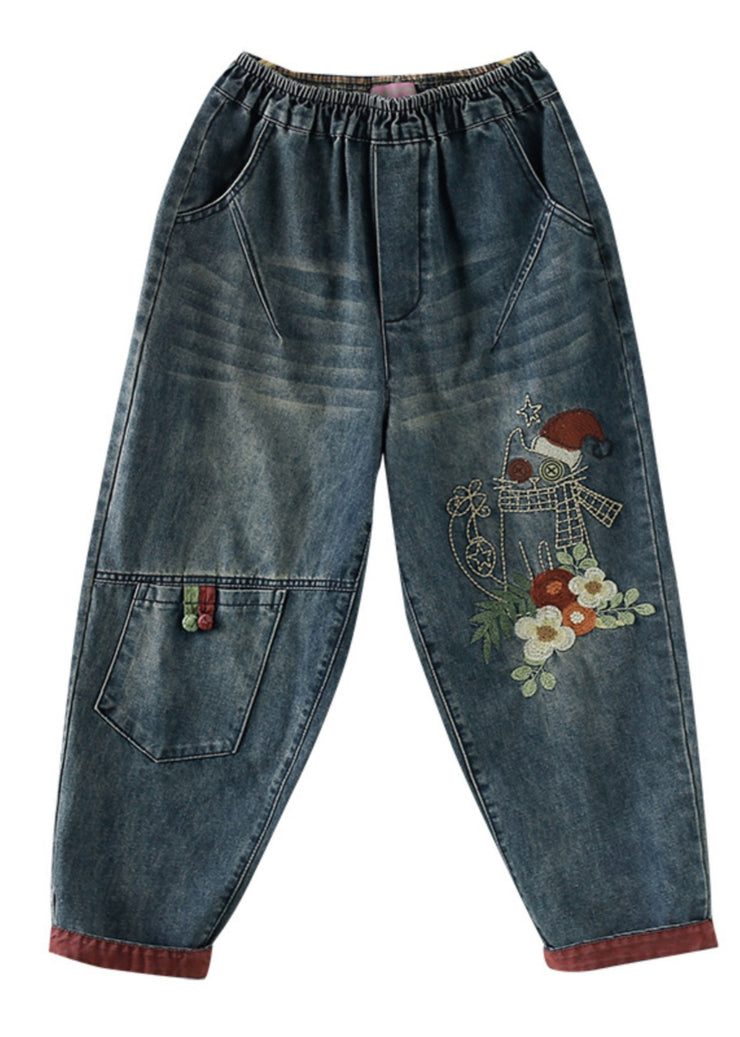 Casual Navy Embroidered Patchwork Denim Pants Spring