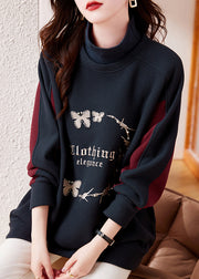 Casual Navy Embroidered Patchwork Warm Fleece Sweatshirt Streetwear Winter