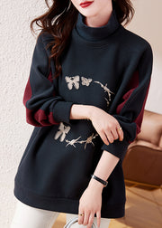 Casual Navy Embroidered Patchwork Warm Fleece Sweatshirt Streetwear Winter