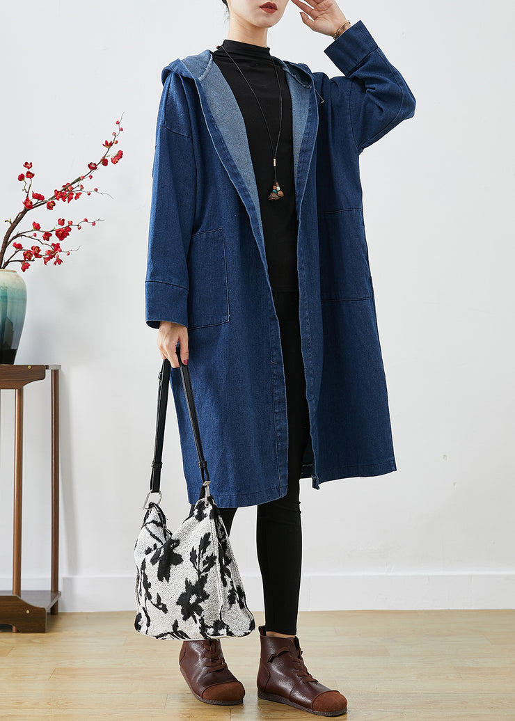 Casual Navy Hooded Oversized Cotton Trench Coats Fall