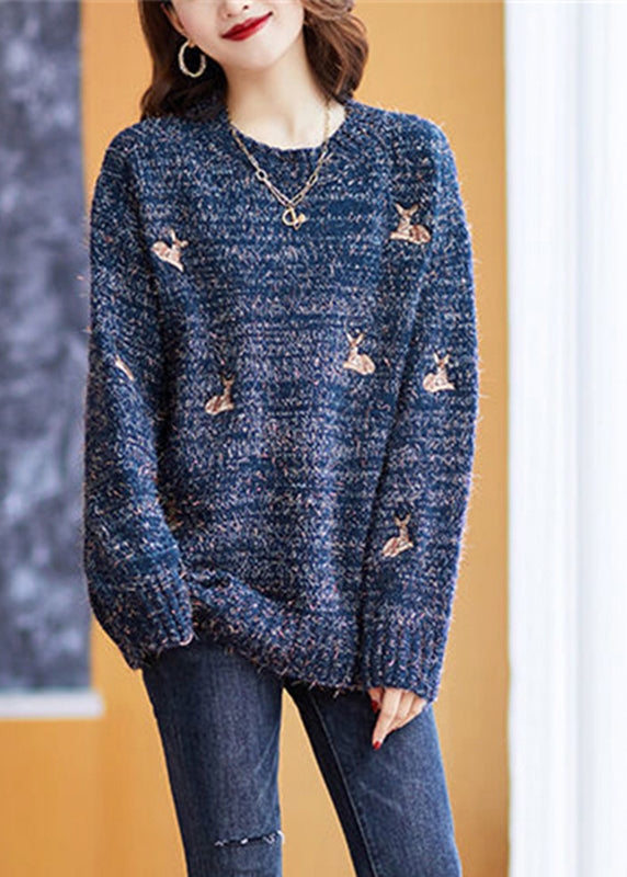 Casual Navy O-Neck Animal Embroidered Knit Sweaters Fall