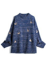 Casual Navy O-Neck Animal Embroidered Knit Sweaters Fall