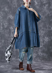 Casual Navy Oversized Patchwork Denim Ripped Trench Coats Bracelet Sleeve