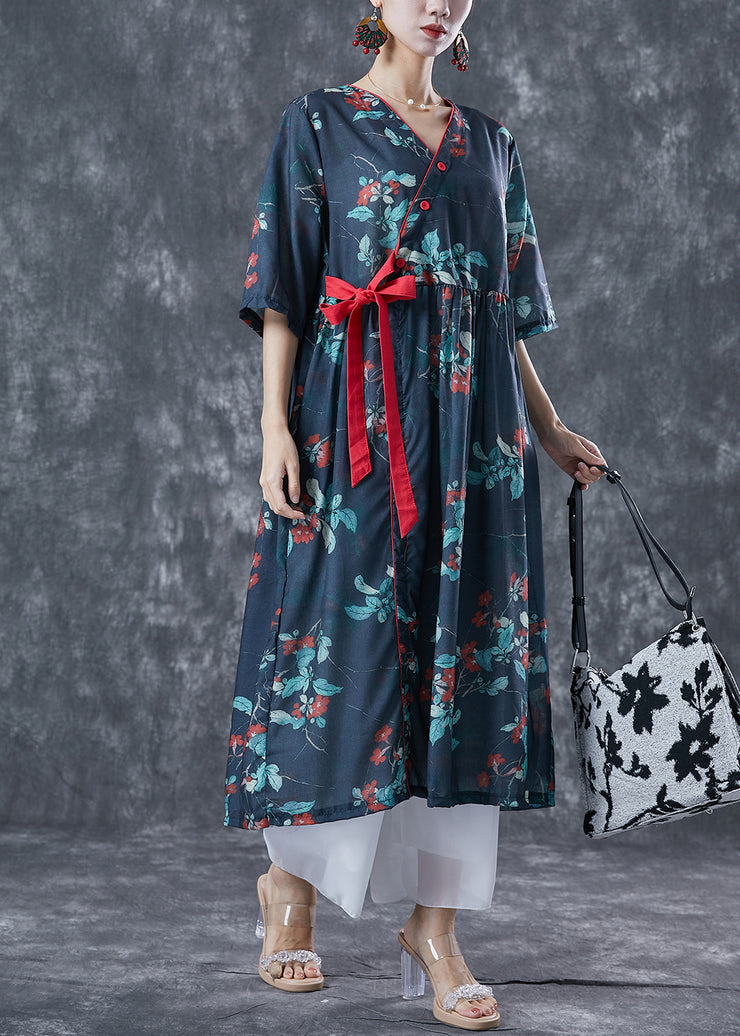 Casual Navy Oversized Print Lace Up Linen Dresses Summer