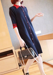 Casual Navy Peter Pan Collar Button Knitted Dresses Half Sleeve