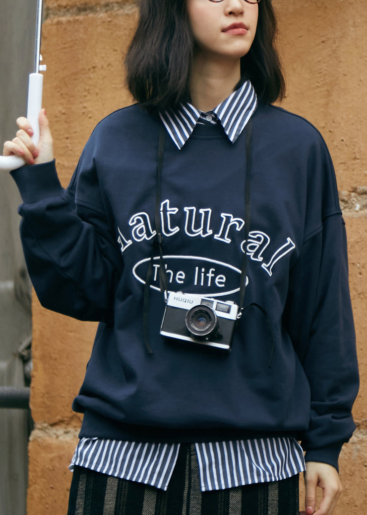 Casual Navy Peter Pan Collar Graphic Embroidered Striped Patchwork Sweatshirts Fall