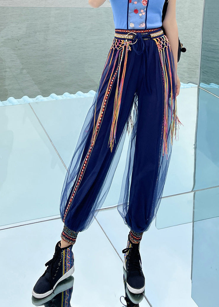 Casual Navy Print Embroidered Elastic Tulle Beam Pants Summer