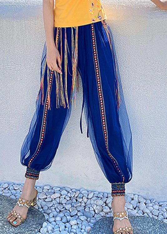 Casual Navy Print Embroidered Elastic Tulle Beam Pants Summer