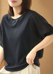 Casual Navy Solid Color O-Neck Knit Patchwork Linen Shirt Short Sleeve