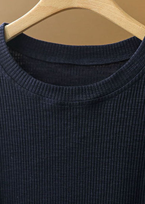 Lässiges marineblaues, einfarbiges O-Neck-Strick-Patchwork-Leinenhemd mit kurzen Ärmeln