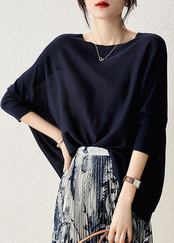 Casual Navy O-Neck Oversized Knit Top Batwing Sleeve
