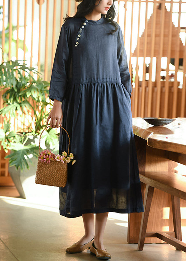 Casual Navy Wrinkled Pockets Patchwork Linen Dresses Fall