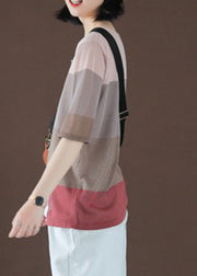 Casual O-Neck Striped Patchwork Ice Silk Top Short Sleeve