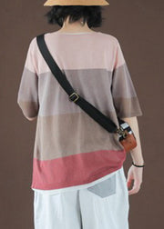 Casual O-Neck Striped Patchwork Ice Silk Top Short Sleeve
