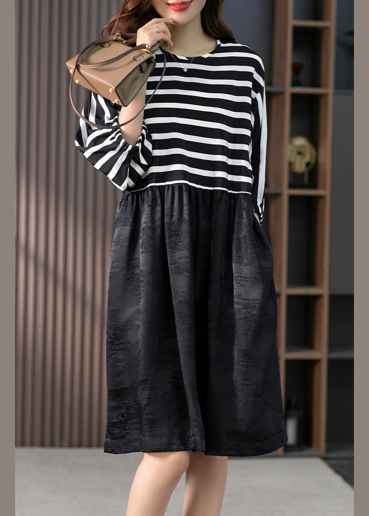 Casual O-Neck Striped Patchwork Silk Maxi Dresses Spring