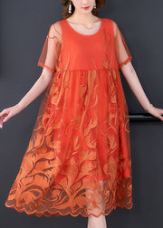 Casual Orange Embroidered Patchwork Tulle Long Dress Summer