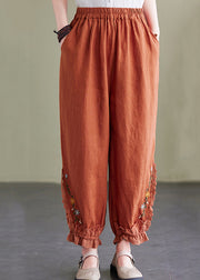 Casual Orange Embroideried Pockets Linen Lantern Pants Summer