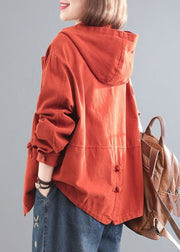 Casual Orange Hooded Chinese Button Denim Coat Long Sleeve