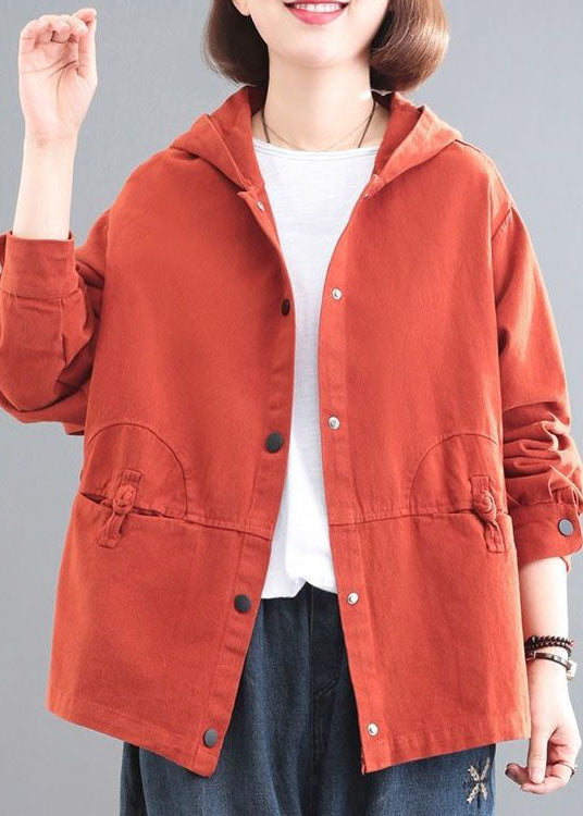 Casual Orange Hooded Chinese Button Denim Coat Long Sleeve