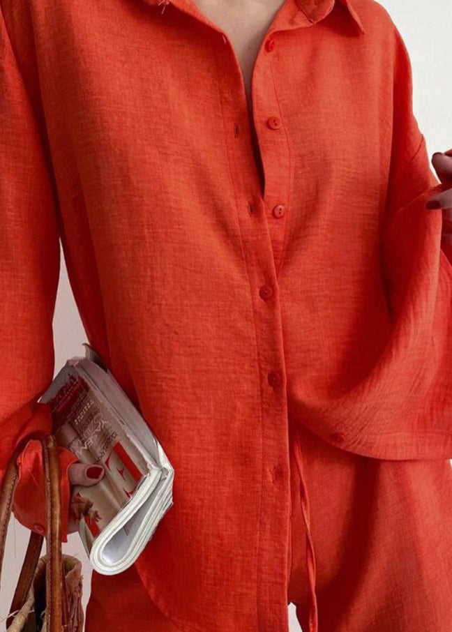 Casual Orange Lapel Button Long Sleeve Shirt Trousers Set