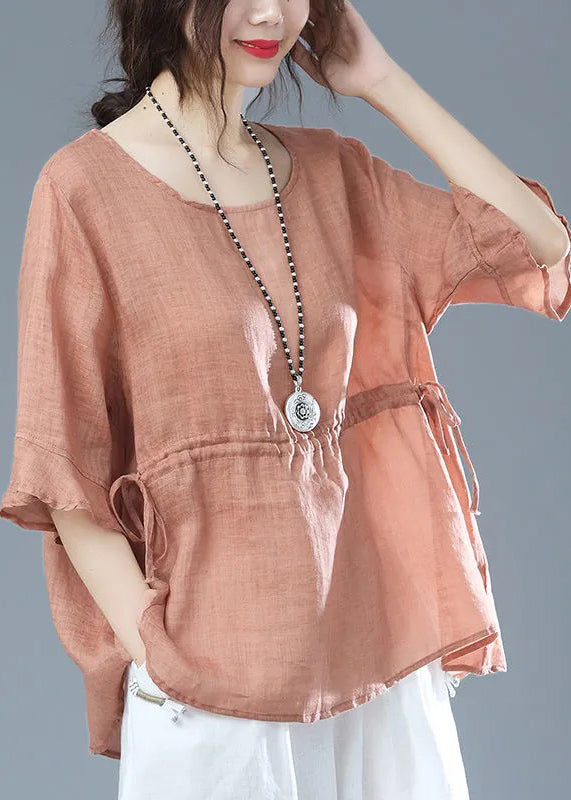 Casual Orange O Neck Drawstring Patchwork Cotton T Shirt Half Sleeve