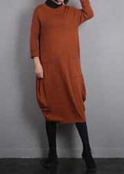 Casual Orange O-Neck Knit Cotton Thread Sweater Dress Fall