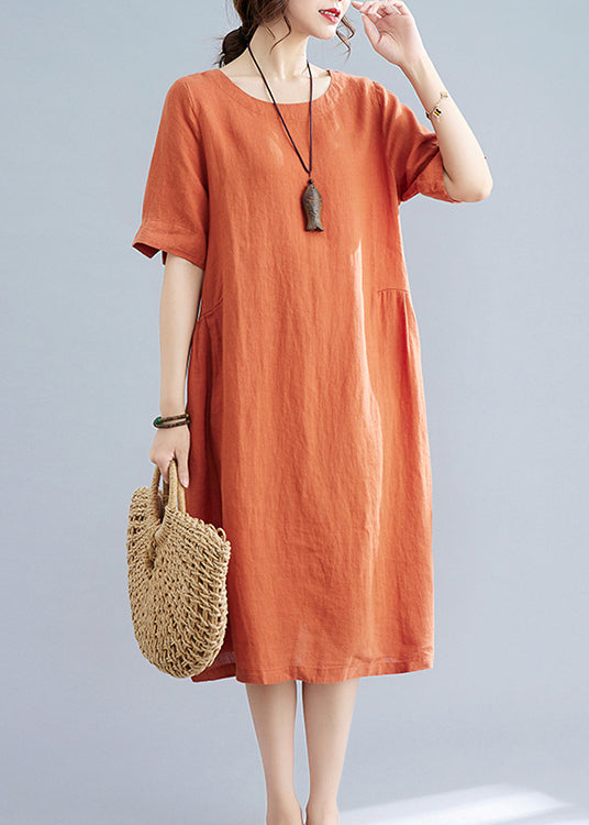 Casual Orange O-Neck wrinkled Pockets Linen Dresses Short Sleeve