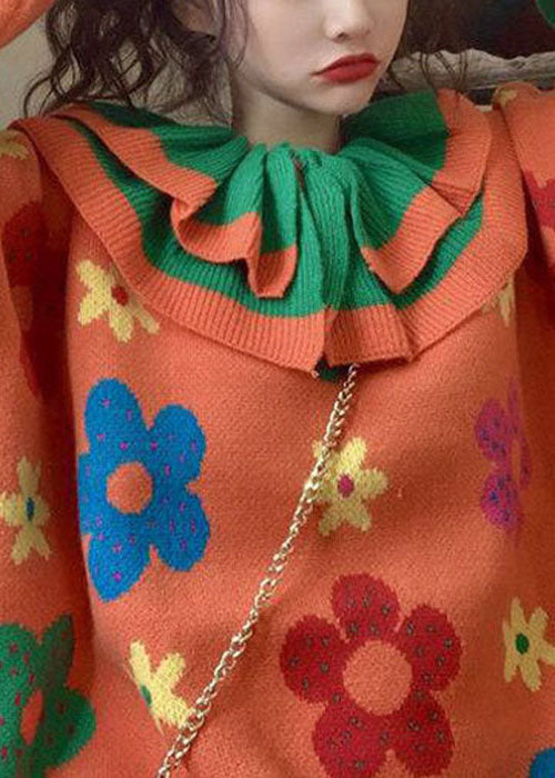 Casual Orange Peter Pan Collar Floral Knit Sweaters Winter