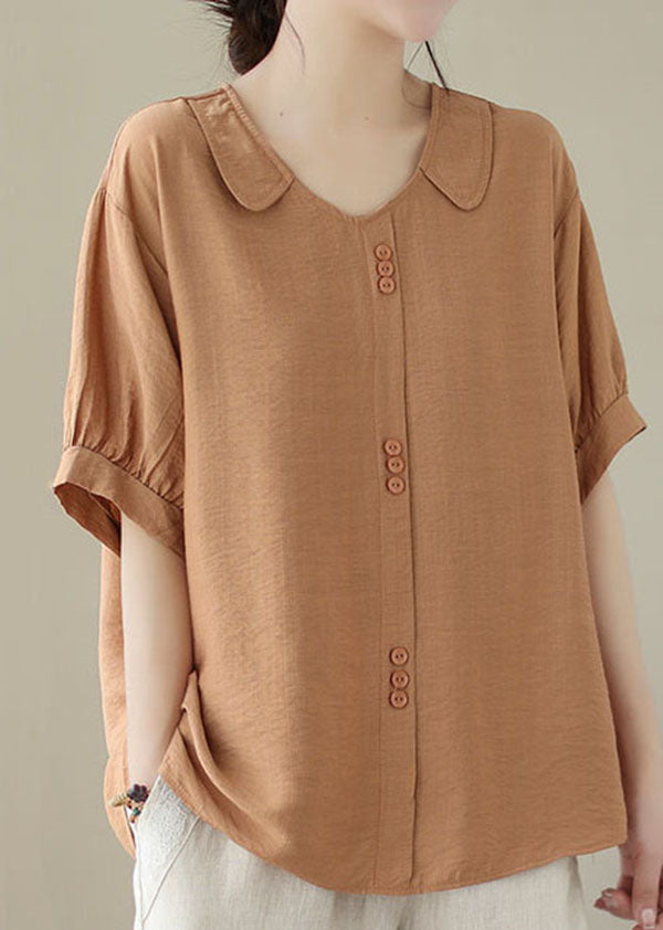 Casual Orange Peter Pan Collar Patchwork Cotton Shirt Tops Summer