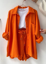 Casual Orange Peter Pan Collar Shirts Vests And Shorts Three Pieces Set Long Sleeve